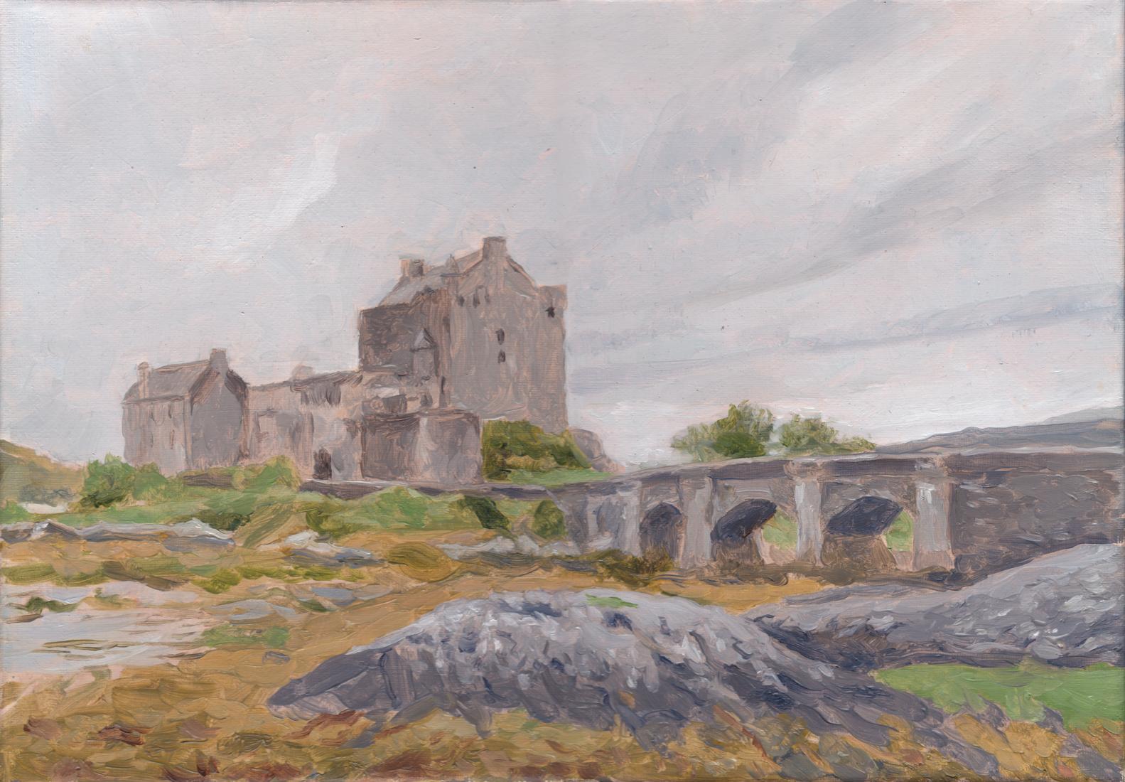 oil painting of a scottish castle eilean donan by a loch