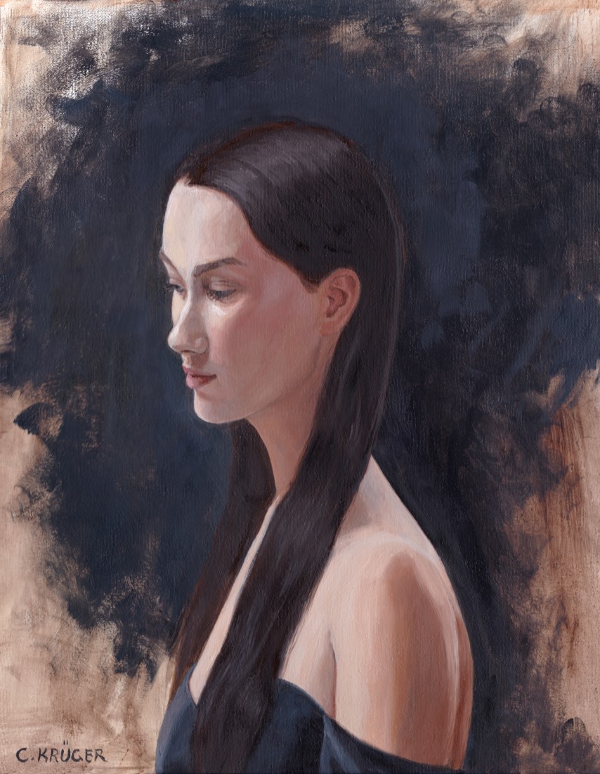 side view portrait of a beautiful woman in a black dress