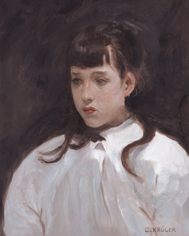 oil painting of a young girl with dark hair in a white blouse